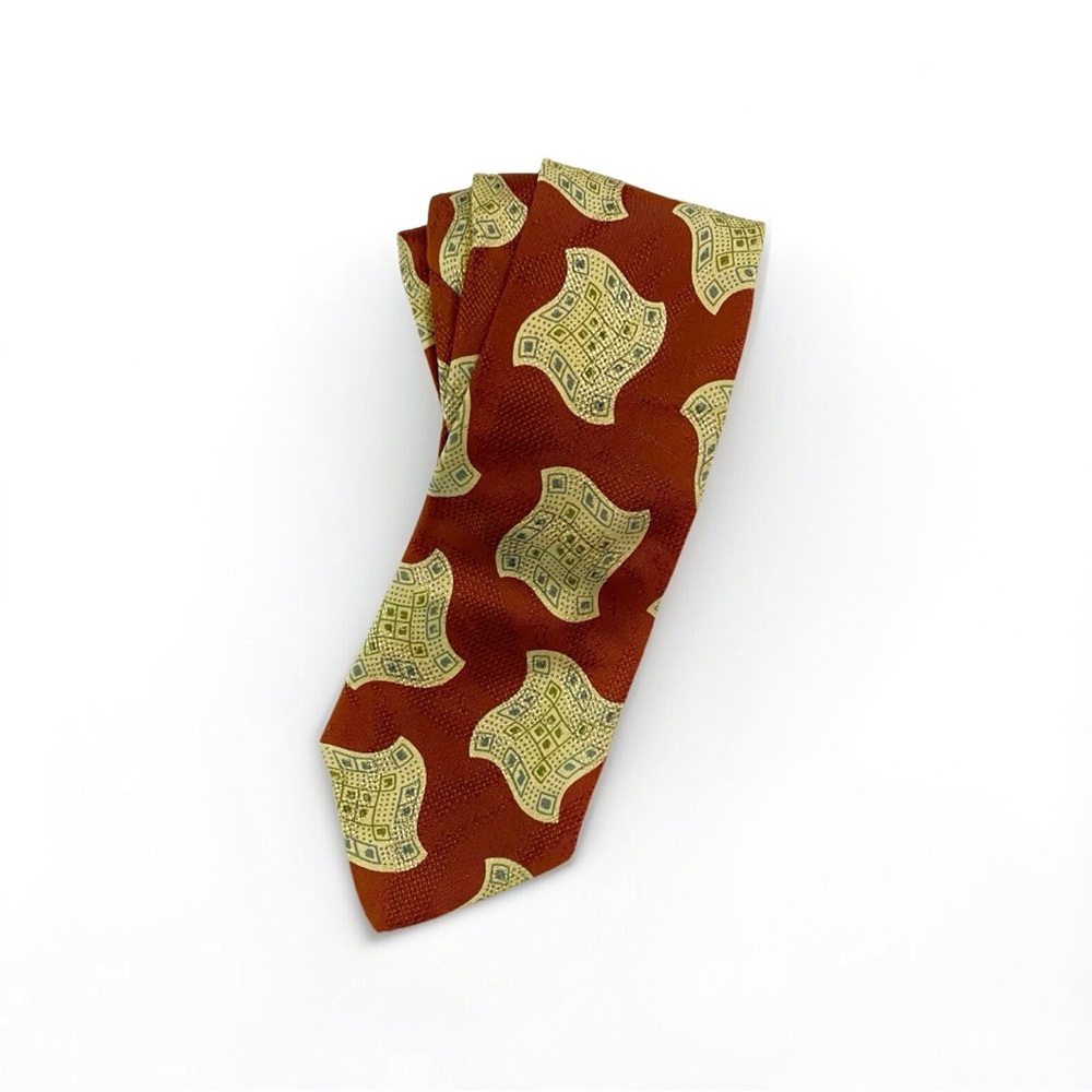 VINTAGE GIORGIO ARMANI CRAVATTE  BROWN TAN BIG WAVY SQUARE PRINT SILK NECK TIE